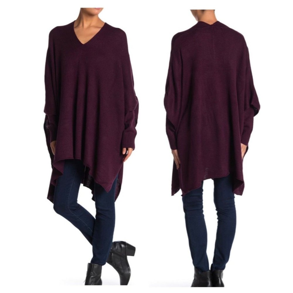 RDI Plum V Neck Long Sleeve Knit Poncho Pullover